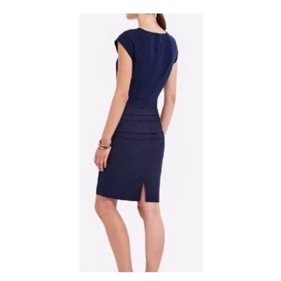 BCBGMaxAzria Joana Sheath Dress Sz 8 Navy Pleated Ruched Cap Sleeves Square Neck - Picture 2 of 10